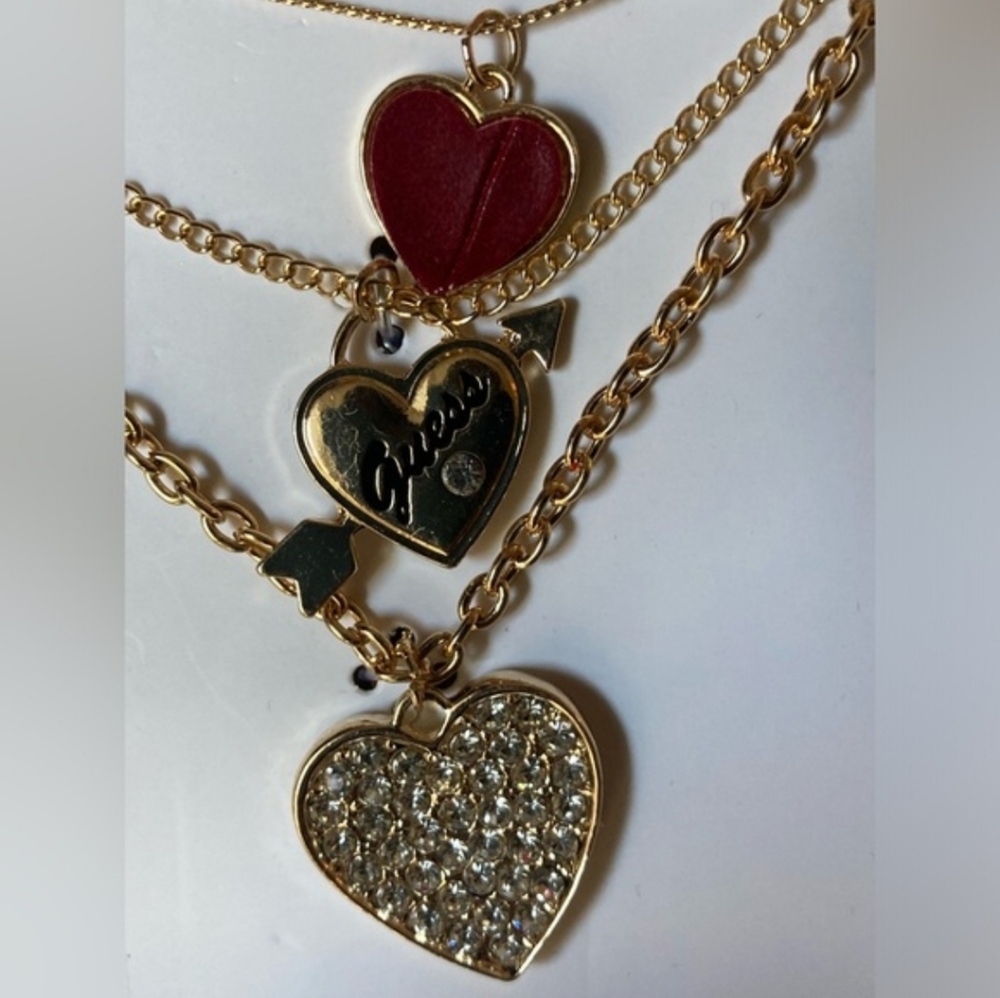 GUESS Gold and Red Heart Jewelry Set 3 NECKLACE 1 EARRING - Picture 6 of 8